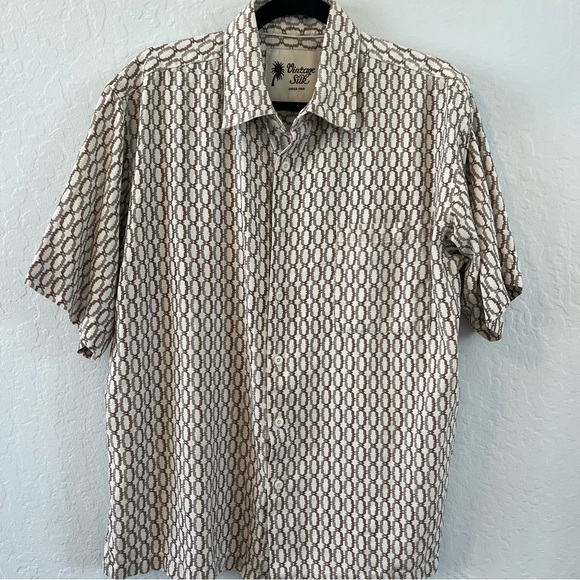 Vintage Silk Circa 1969 Men's Large Button Front Brown/Tan Short Sleeve Shirt - Picture 1 of 6